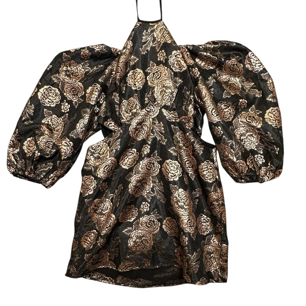 River Island Metallic Gold Black Rose Cut Out Mini Dress NWT Size 16 Baroque